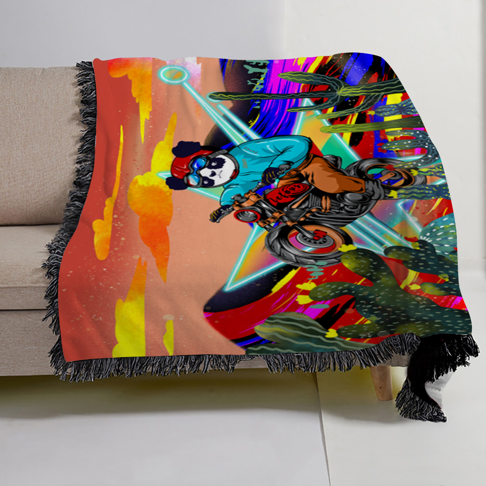 custom print flannel blanket with black tassel